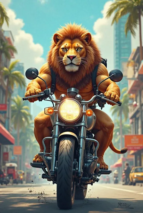 Lion driving a motorcycle with a day order backpack