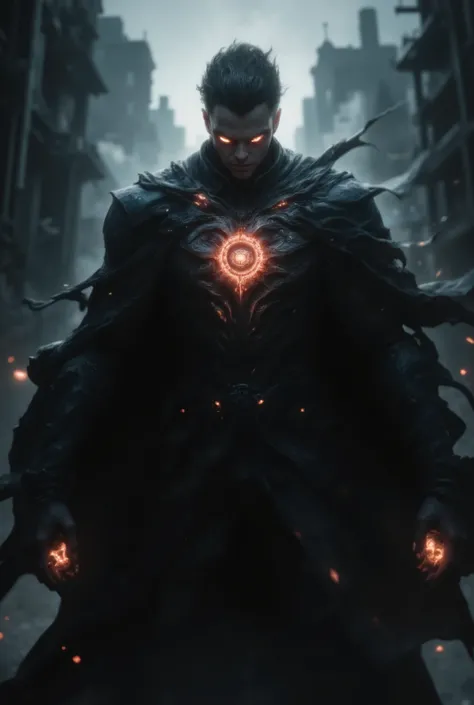 Illustrate a dark and gritty superhero standing in a black trench coat, with a cityscape in ruins behind them and a glowing red eye symbol on their chest.