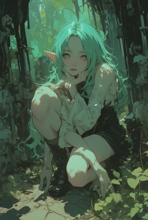 Tim Burton Style、 young woman、light mint green hair、crouching、