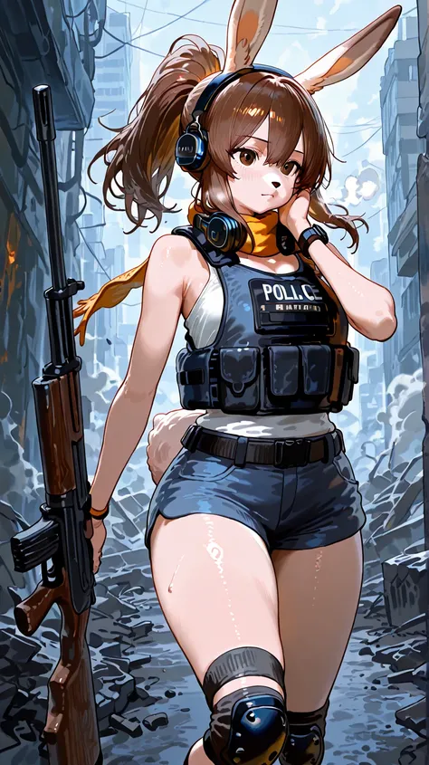 (furry:1.3)A 20-year-old rabbit woman  with fluffy fur covering her cheeks and adorable round eyes is facing the me, high raising her right hand holding a military rifle and shaking it from side to side. The left hand is stretched out to the lower left.
 s...