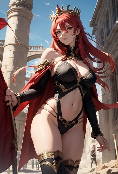 (anime style, 2D, very realistic, very detailed,  great quality,  Masterpiece, score_9, 4K) a beautiful mature woman super sensual and sexy, (with her beautiful absurdly long red hair),  hair between eyes , crown of fire on her head, Aurela over the crown,...