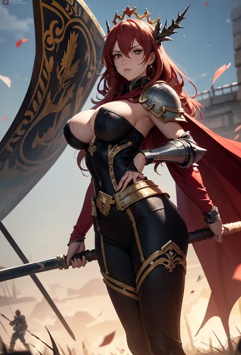 (anime style, 2D, very realistic, very detailed,  great quality,  Masterpiece, score_9, 4K) a beautiful mature woman super sensual and sexy, (with her beautiful absurdly long red hair),  hair between eyes , crown of fire on her head, Aurela over the crown,...