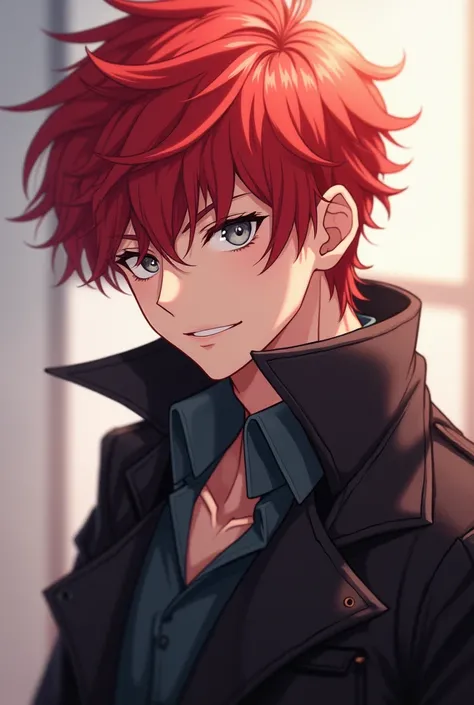 Handsome light brown guy with red hair, gray eyes with a black jacket sexy pose and seductive anime-style smile 