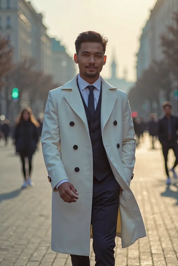 make a handsome Indonesian man wearing a white coat emblem walking in the middle of the city near the highway of the city of warsaw poland there are many dramatic people who are bright. daylight background in warsaw, very aesthetic modern. real realistic p...