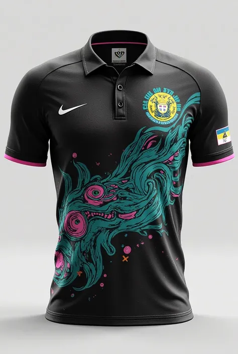 Make a jersey for the third-year interclass with the theme of some mythical animal, the shirt being black with teal and pink details with the flag of the state of Goiás on the right side of the chest. 