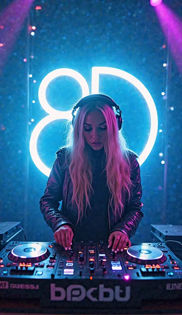 Voici une autre invite avec une femme blonde DJ et le symbole 8D : *"Une DJ futuriste, élégante et charismatique, se tient derrière une table de mixage high-tech entourée d'hologrammes lumineux. Elle porte un casque audio néon avec des lumières pulsantes e...