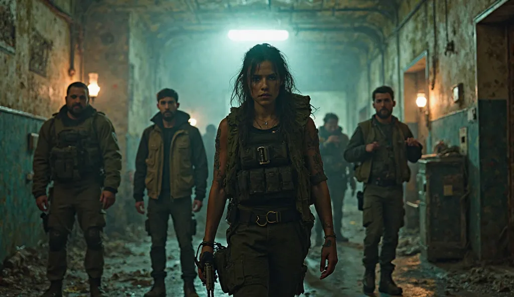 Create a realistic and cinematic wide-angle shot of the team making a decisive stand in the decaying laboratory. LENA MARTINEZ (30), in her black tactical outfit, holds a detonator with a determined expression. KAMERON REYES (35), in his faded khaki jacket...