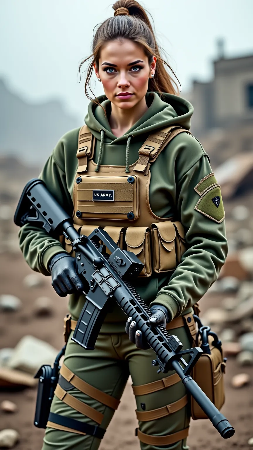 A fierce and determined female U.S. Army Special Forces soldier standing amidst a post-apocalyptic battlefield. She has piercing blue eyes and a confident smile. She wears a camouflaged military sweatshirt with an adaptive color pattern for any environment...