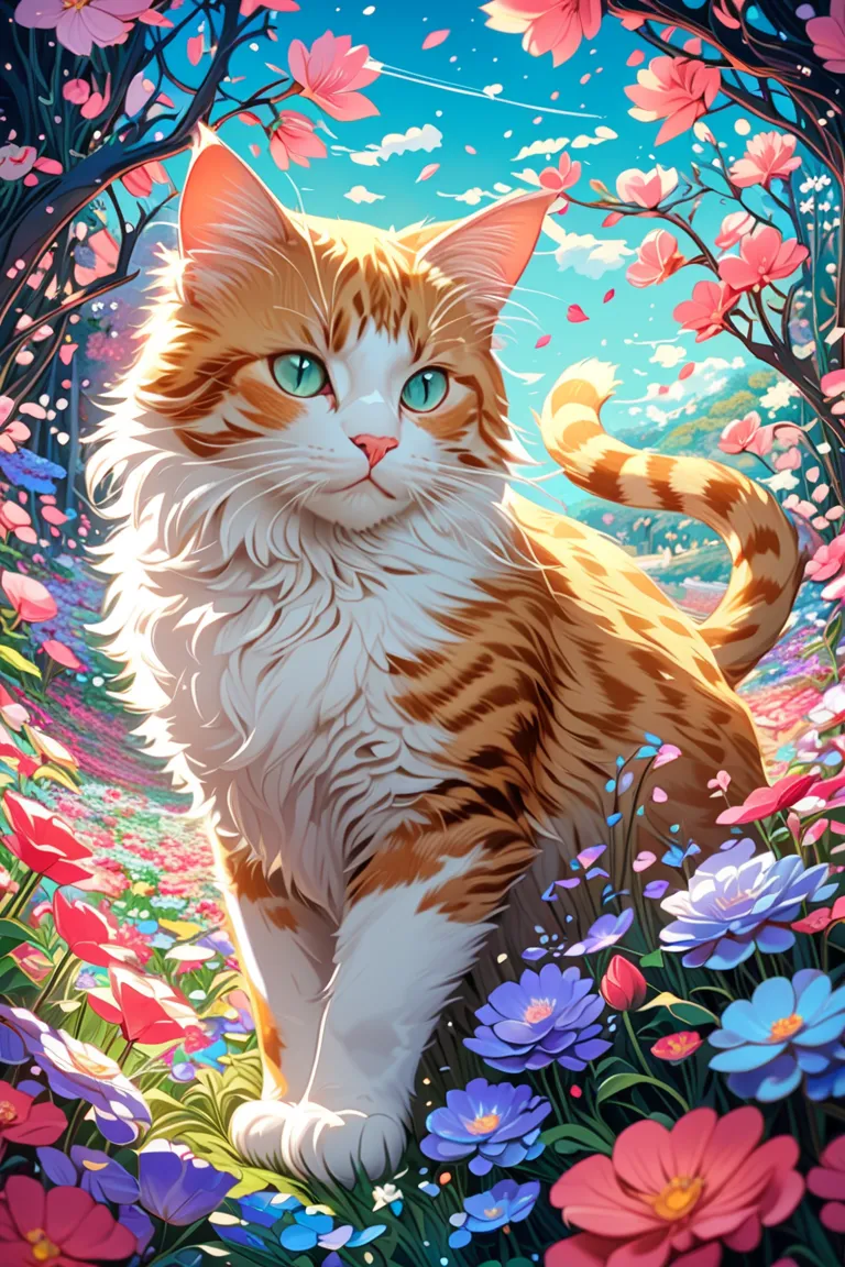 ((Top quality)), ((Intricate details)) (8k) Top quality, 16K, very detailed, nice (((Cat:1.3))), made of translucent glass, flower field in the background ((A masterpiece filled with fantasy elements))),