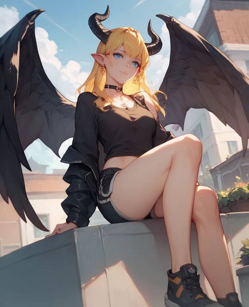 Humanoid creature, pale skin, blue eyes, black horns, long yellow hair, black clothes, long black wings, sitting on the roof