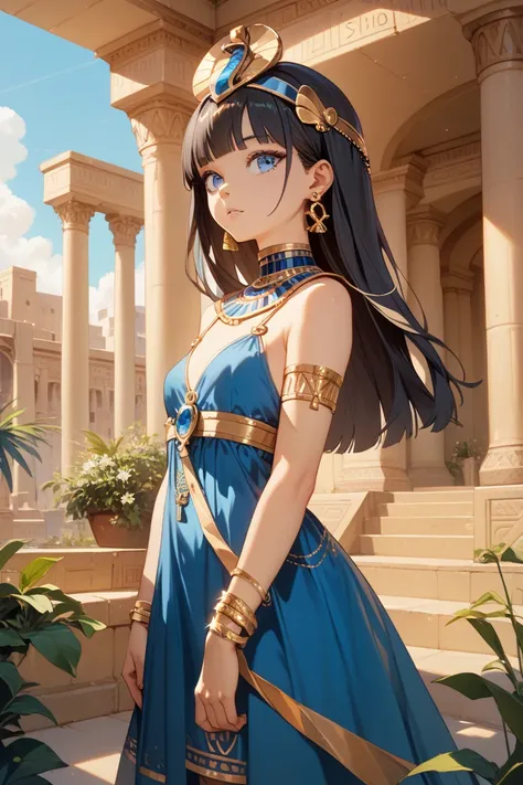  1girl , dark hair,  girl,is young,small breasts, gold hair ornament ,  gold earrings, solo,  gold bracelet, blue dress,  Egypt, blue eyes, Outdoors,watching viewers,masterpiece, highest quality, very aesthetic, Ultra High Resolution    