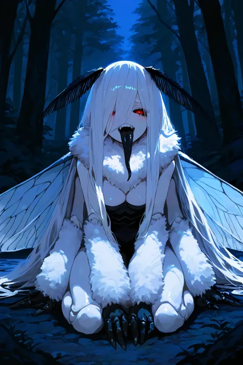 masterpiece, best quality, high resolution, 748cm style, 4k, 8k, flawless, ultra detailed, best quality illumination, best quality shadows, detailed eyes, beautiful girl, monster girl, arthropod girl, moth girl, white skin, insect wings, chitin arms, chiti...