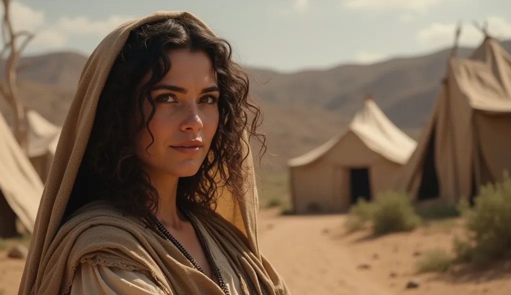 Generate a realistic image of a brown woman with curly hair, veiled, looking to be around 40 years old, in a camp in the semiarid, In biblical times 