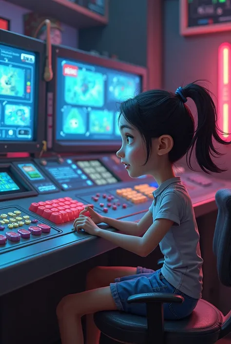 2 ️ pri Riley confused in the Command Room:
🖼️ Description: Riley sitting looking at the control panel of her emotions, What is blinking non-stop. Joy pushes buttons trying to keep everything in order, while Anger pushes a red button, Sadness is sitting in...