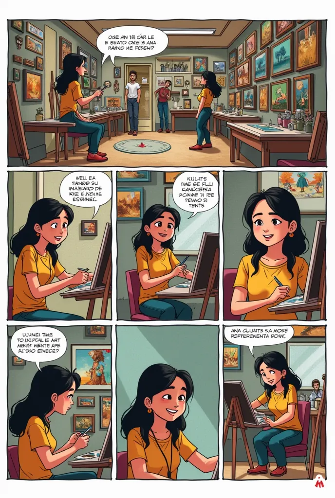 Of course! Here is a description of the comic book:

*Panel 1*

- Well, A young artist, is painting in her studio. The room is full of works of art and painting materials.

*Panel 2*

- Well está inaugurando su tienda de arte y diseño. The store is full of...