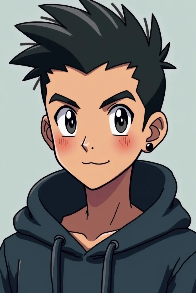 A young Pokémon trainer wearing, black hair,  You must have a dark beard, Young and with two black dilator earrings, You must wear a dark sweatshirt and your hair shaved on the sides and combed on the top