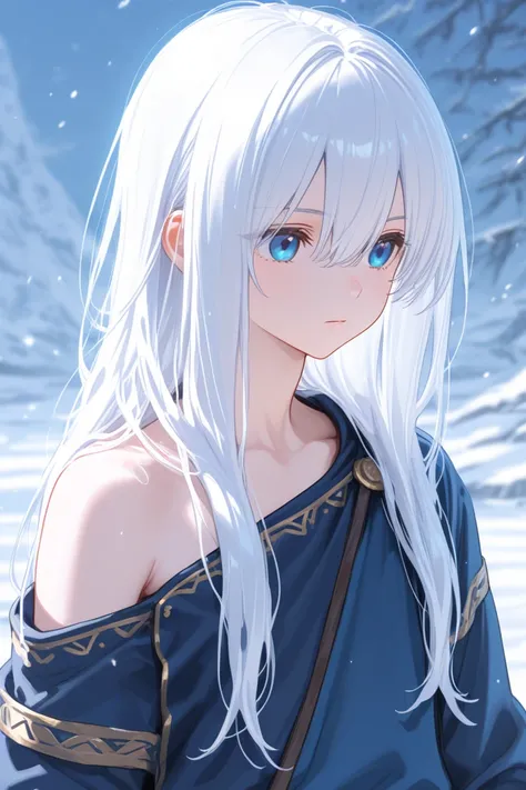 a young boy with white hair, shoulder length hair, blue eyes, fantasy