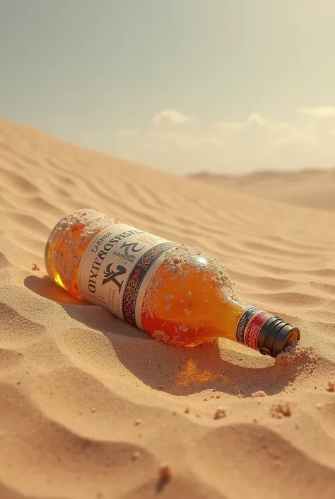 Bottle of alcoholic beverage thrown diagonally in sand