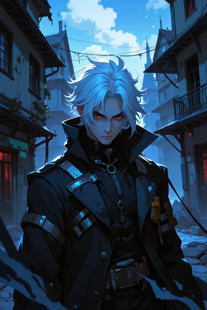 anime. man. white hair. Serious face. Environment: dark, Abandoned houses around