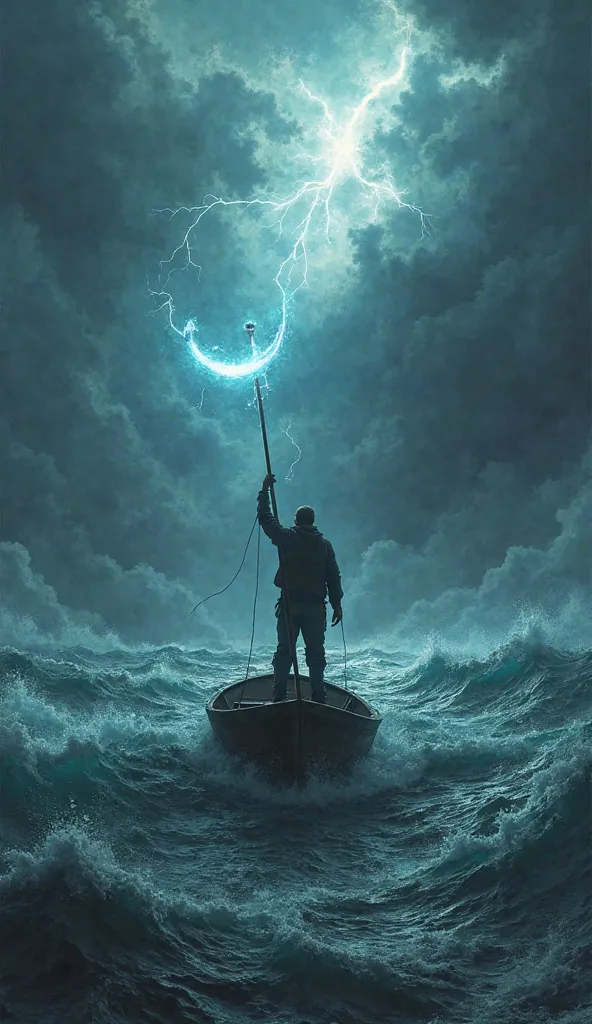 Person standing in a boat during a storm, holding a glowing anchor.