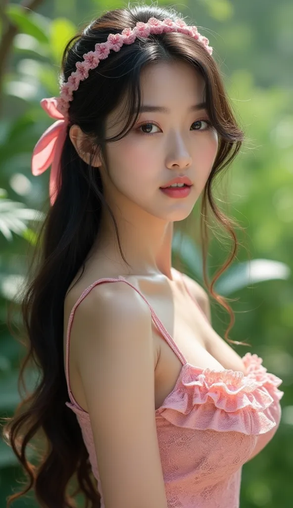  Highly realistis 8k photos, wearing a lace pink tanktop pink cleavage , wearing ribbon headband , asian korean young girl,  very big breasts,  longhair with bangs, at garden look viewer cute