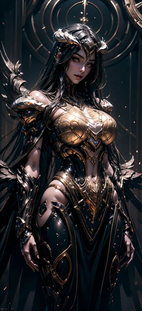 A (super realistic, 8k_resolution) beautiful meture woman(age_30(albedo _overlord)) with perfect_detailing) and war_attire(detailed) with gold jewellery on perfect huge sexy breasts, beautiful breast, black long beautiful hair, hyper detailed black  wings ...