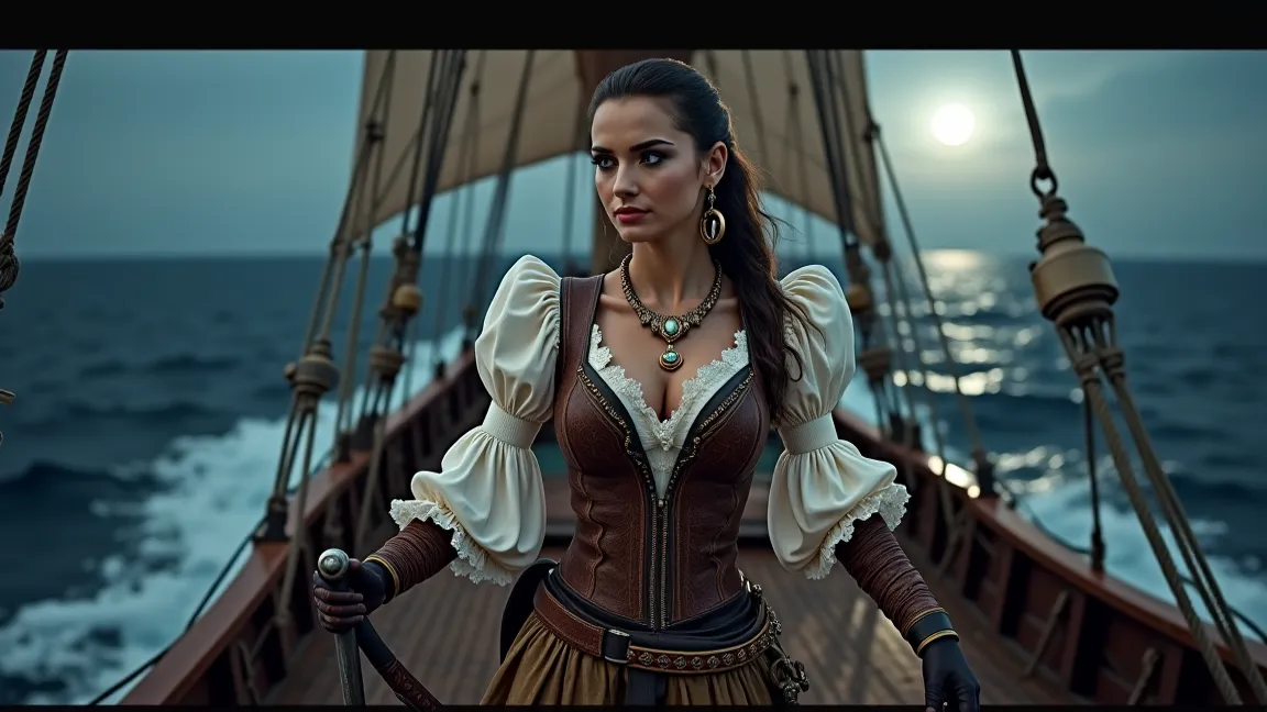 High atop the stern of a massive pirate ship, a commanding female captain holds the helm with one gloved hand, while the other rests on the scabbard of her richly decorated sword. Her hand-embroidered brown leather bodice highlights her full breasts and sl...