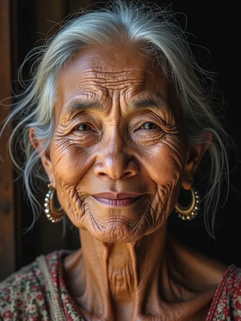 close up portrait of an old Indonesian woman, long gray hair tied up in a bun, wrinkled face, pose like Mona Lisa, smiling