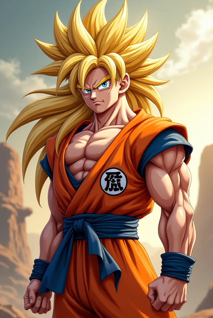 Son Goku 3 realistic level ,  muscular,  yellow hair, long

