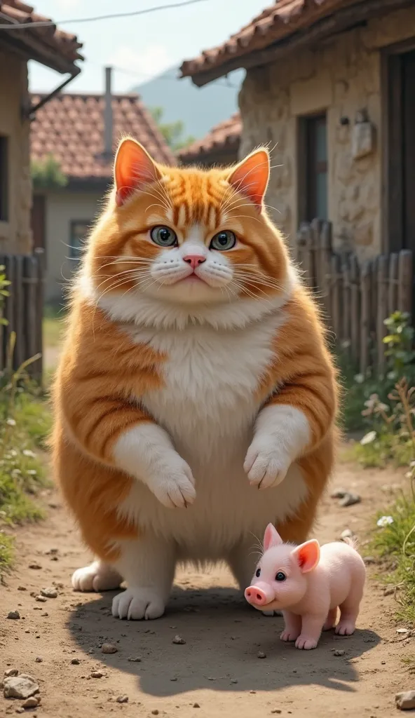 "A highly realistic, life-sized, chubby orange-and-white cat stands on two legs in a rural farm setting. The cat has a thick, fluffy coat, a large round belly, and a stocky build, resembling a real, oversized housecat. It is in a crouched position, mid-str...