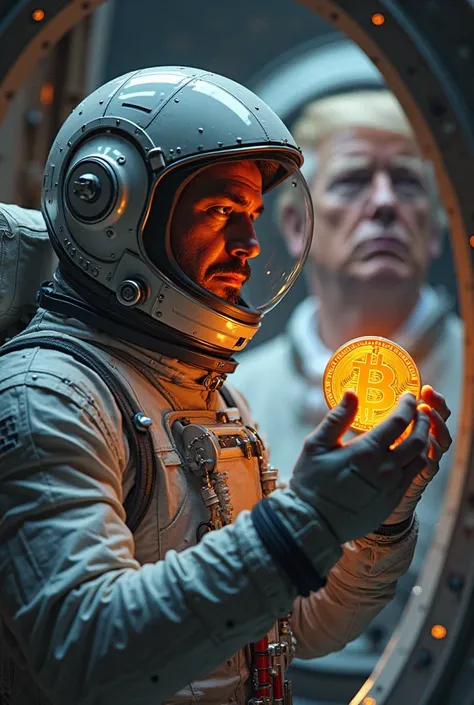 A face of a man in astronaut clothing looking at a bitcoin inside a rocket next to him Donald's Trump heading for bitcoin.