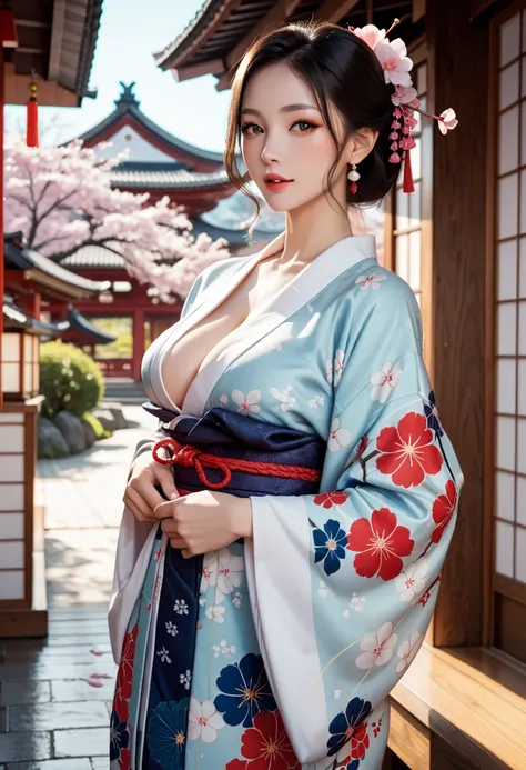 Overall view, busty beautiful girl, Japanese clothes, kimono, Japanese background, Japanese atmosphere,