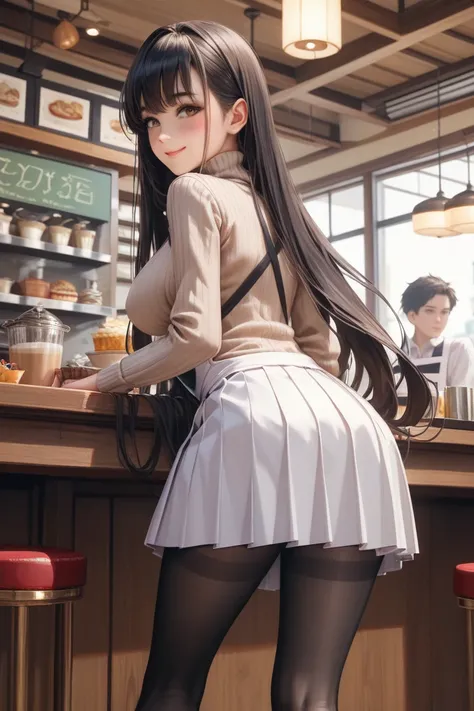 ((best quality)),((masterpiece)),young cafe waitress wearing an apron,hermoso body,focus on the back of the knee,,(very long dark brown silky straight hair,Black hair:1.3),(Light brown turtleneck sweater:1.3),(white Pleated skirt:1.2),(thick Black pantyhos...