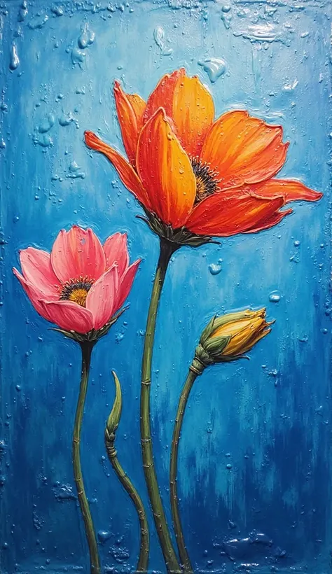 The background of the painting is mainly blue with acrylic material, the slightly rough color creates a sense of color. Combined with red, yellow, pink colors, creating a vivid contrast. The composition extends vertically, with a part of the second flower ...