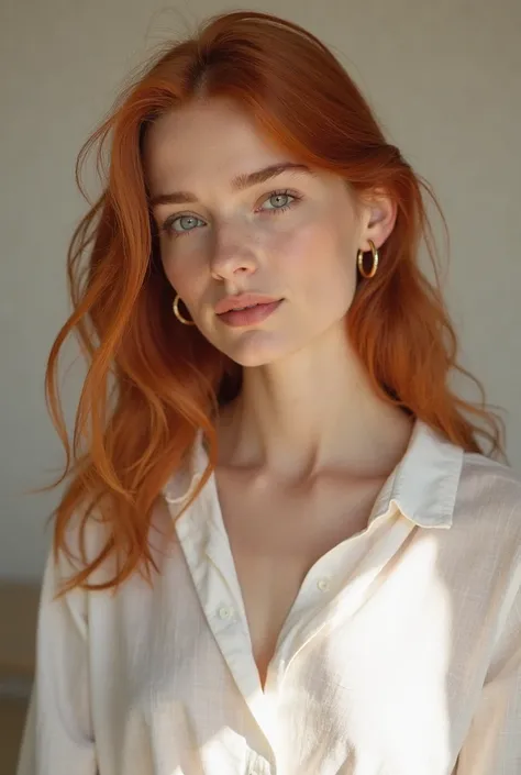 A fair-skinned red-haired woman with long, wavy hair, wearing a white linen blouse, in a soft, natural light setting that resembles a sunny morning. Her hair is loose, and her head is slightly turned to the side, with a clear focus on her ear, which is fre...