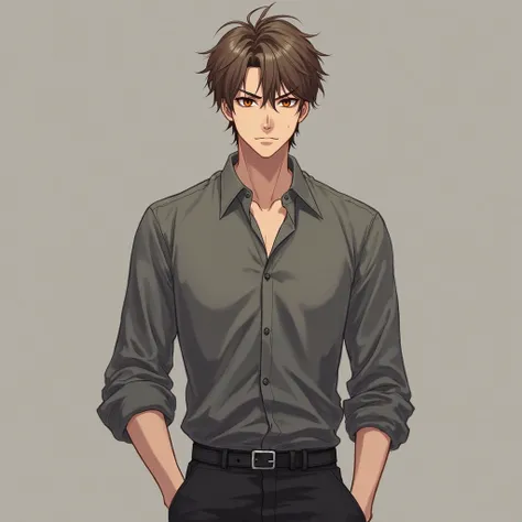 Adult male,  his average physique ,  eye color brown, hair color light brown, the color of the eyebrows and eyelashes is black, anime, age 22 years, height 187 centimeters tall, with a serious face, dressed in black pants and a gray shirt, and a thin black...