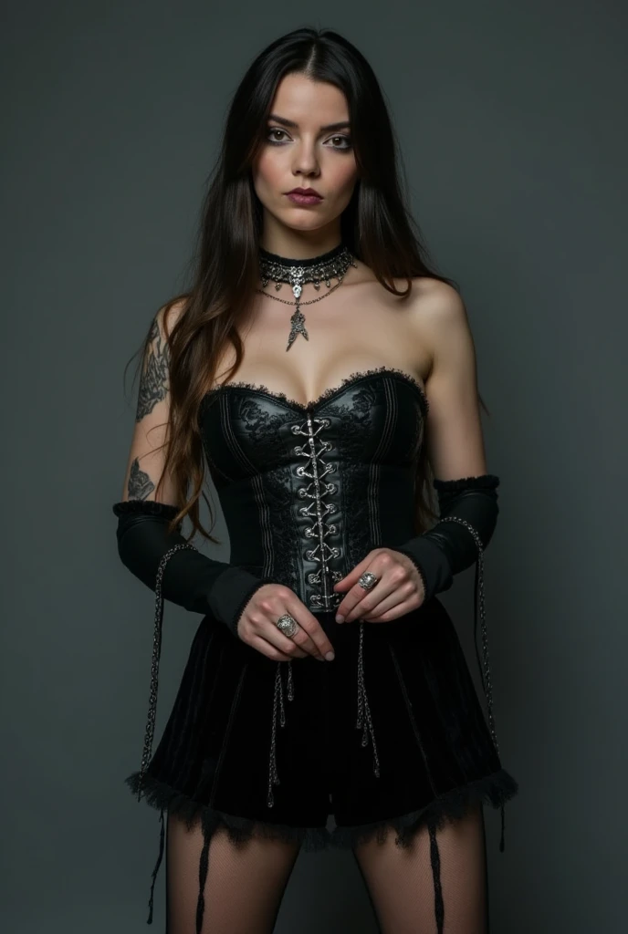 girl dressed in a gothic and sensual outfit that combines dark elements and daring. She wears a black leather corset that accentuates her figure , tight and with metallic details in the center , like thin chains that fall from the sides . Above her lower p...