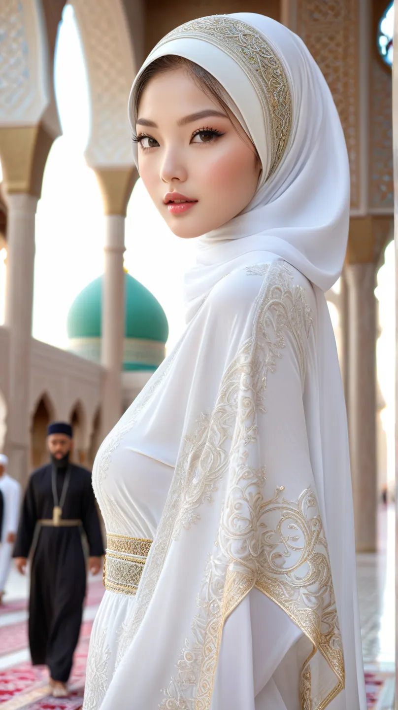 a lady in the mosque, milky whitening skin, shiny skin, 20 years old girl,  like jennie kim face, no make up, slender body, gigantic breast size , there are many girls in the mosque, (full body:1,2), shot from behind, beautiful grey eyes, no color lips, (w...