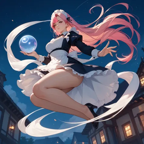  anime woman maid night, character holding an orb with his hands, random light color and random color hair, long hair, full body, in perspective(((body with beautiful curves, in the air))) 