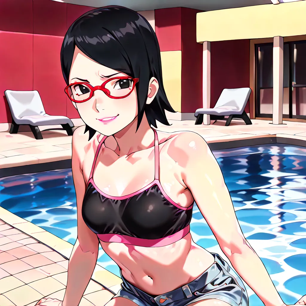 (1girl, solo, alone), ((WakatsukiRisa, Sarada Uchiha, black hair, short hair, black eyes, red glasses)), ((solo, (1woman, (small bust), pink lipstick, black eyes), Extremely detailed, ambient soft lighting, 4k, perfect eyes, a perfect face, perfect lightin...