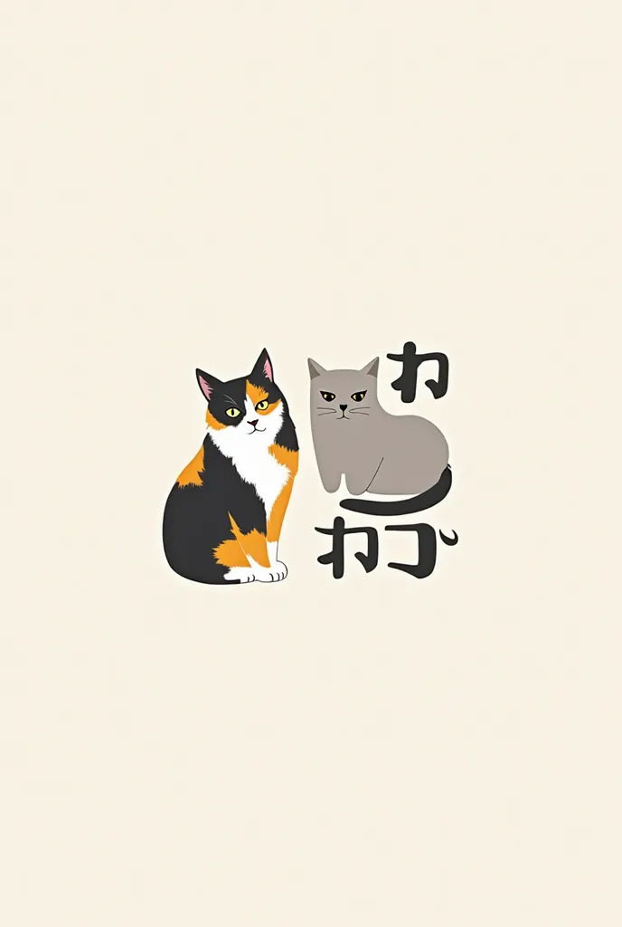 A minimalist logo "Kitchen Ninja" as japanese word with two cats in the middle one is calico pure black with yellow white and one is persian gray cat 