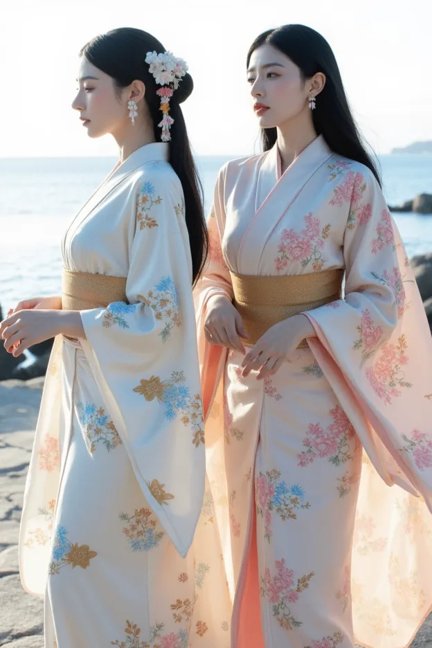 (Two Japanese women with contrasting physiques, dressed in exquisite traditional attire, stand gracefully at a picturesque seaside location, their presence illuminated by the warm, natural sunlight. Their differing heights, body structures, and attire crea...