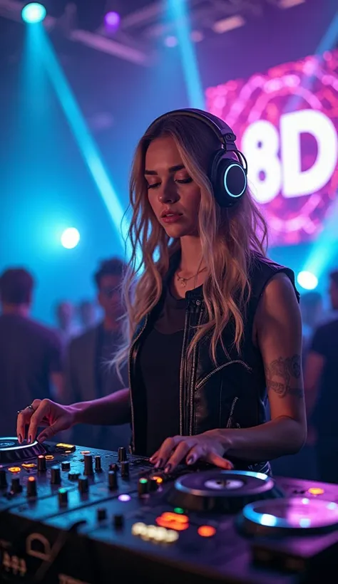 Une DJ femme sexy charismatique, aux cheveux blonde longs légèrement ondulés, se tient derrière une table de mixage professionnel dans un club moderne. Elle porte un casque audio élégant et un bomber en cuir noir avec des détails lumineux. Son regard est c...