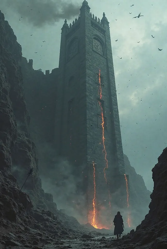 A large tower, dark, on top of a cliff, tower if the pieces fall, Your rocks are falling , Burning tower.