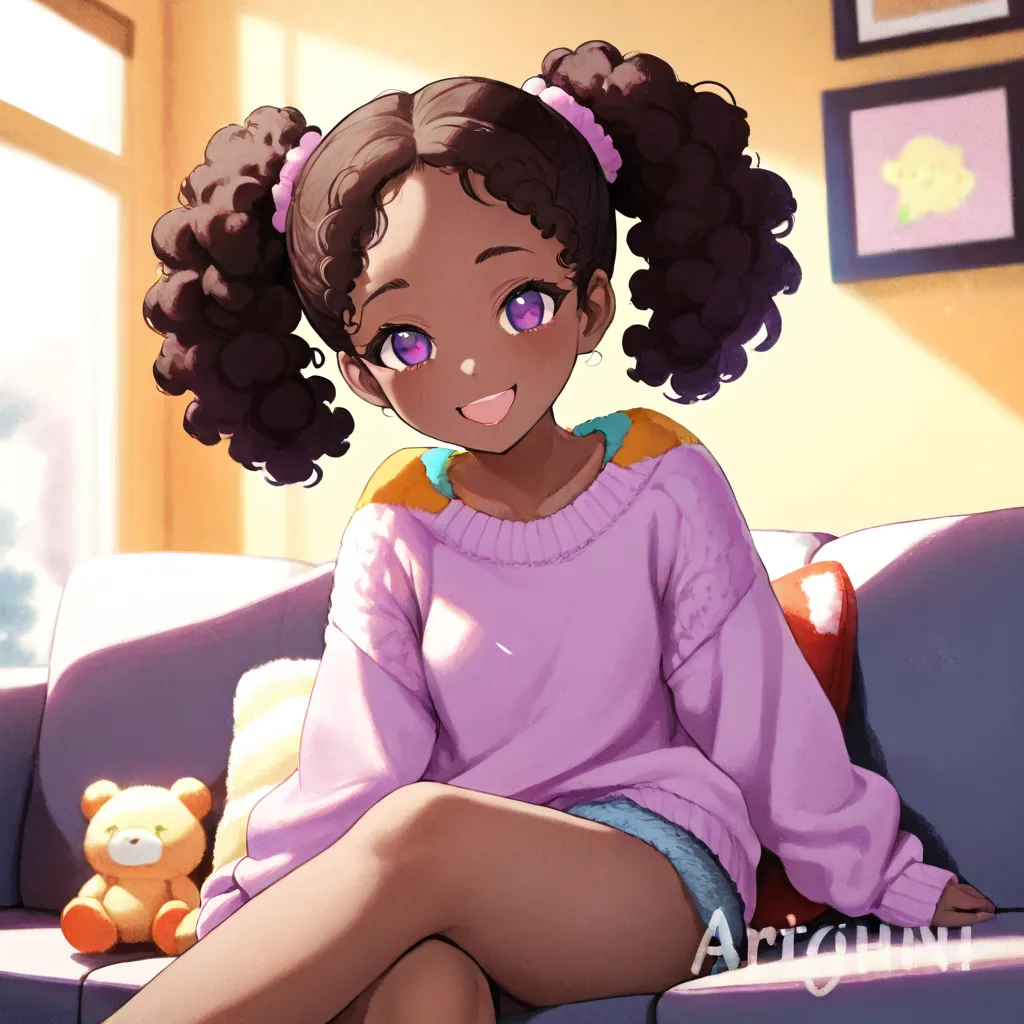 A cute  Afro anime girl with warm ebony skin, slightly thick glossy lips (no lipstick), and bright violet eyes. Her light brown hair is styled in curly bangs and messy pigtails, as if she couldn’t be bothered to fix them. She wears an oversized pinkish swe...