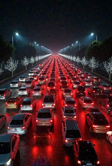 The image shows a nighttime scene of extreme traffic congestion on a busy street. The bright headlights of the oncoming cars contrast with the glowing red taillights of the vehicles moving in the opposite direction. The road is packed with cars, either sto...