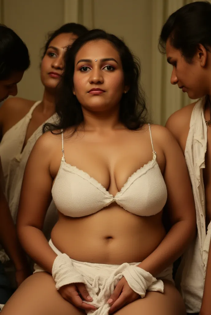 Paint a sultry,erotic, sensual scene in which a busty  plus size  beautiful desi indian mature   woman with big juicy cleavage , plus size body , wrapped in a  towel  is getting sexually intimate with a group of young boys. 