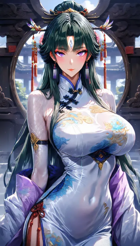 A Dark green hair Female, Perfect body, (Purple eyes), (Wearing A White Cheongsam:1.7),(Colorful Feather Ryusode), Open pose, seductive smile,In a Chinese palace, UHD, SOLO, anatomically correct, masterpiece, textured skin, high details, highres, 1080P, 16...