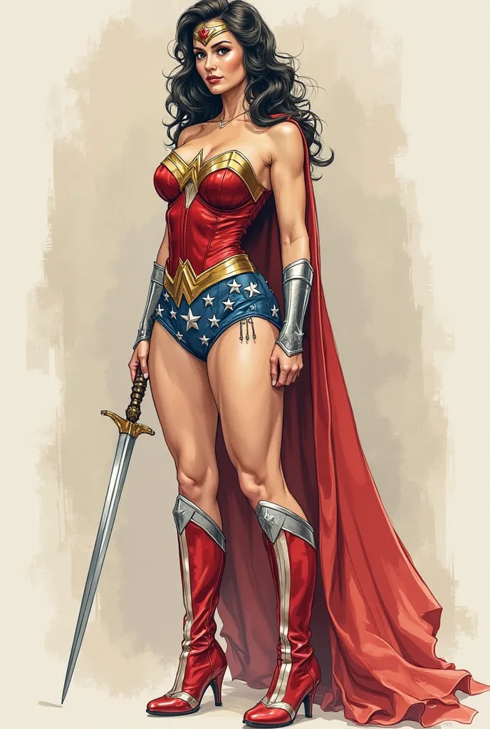 I would like a detailed sketch for a burlesque costume about Wonder Woman... dressed in her work clothes and then in her superhero outfit. COSTUMES THAT CAN BE MADE IN REAL LIFE. That are comfortable for a woman who has just become a mother and needs to be...