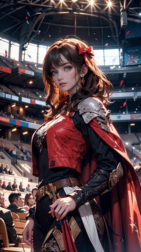  Lily Collins with black curly hair with a red hood , Medieval clothing, Bow and arrow in hand,  as you enter the scene of an arena filled with audience seats and spectators、The illustrations are detailed, Smooth and bright,  HD art by Citemer Liu 